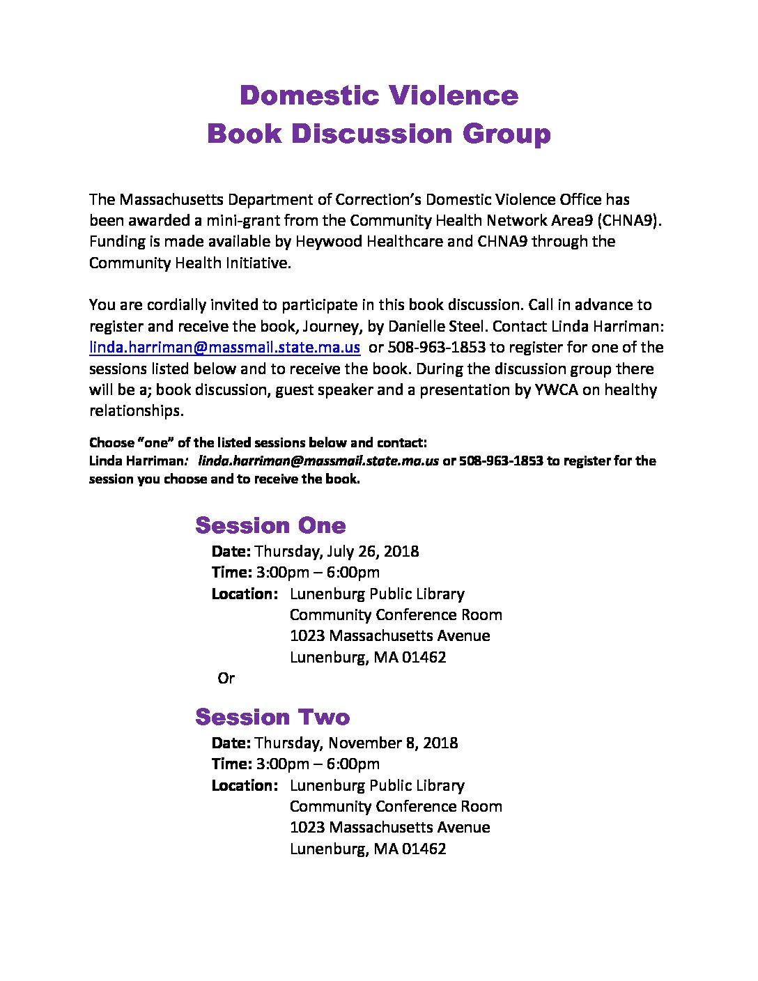 Domestic Violence Book Discussion Group Session One
